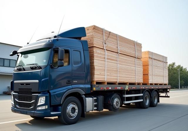 Flatbed truck loaded with lumber