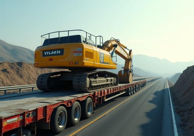 Lowboy trailer carrying a large excavator