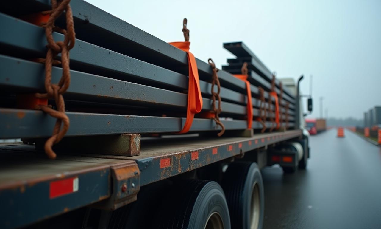 U First Trucking flatbed delivering industrial steel beams to a Syracuse construction site.