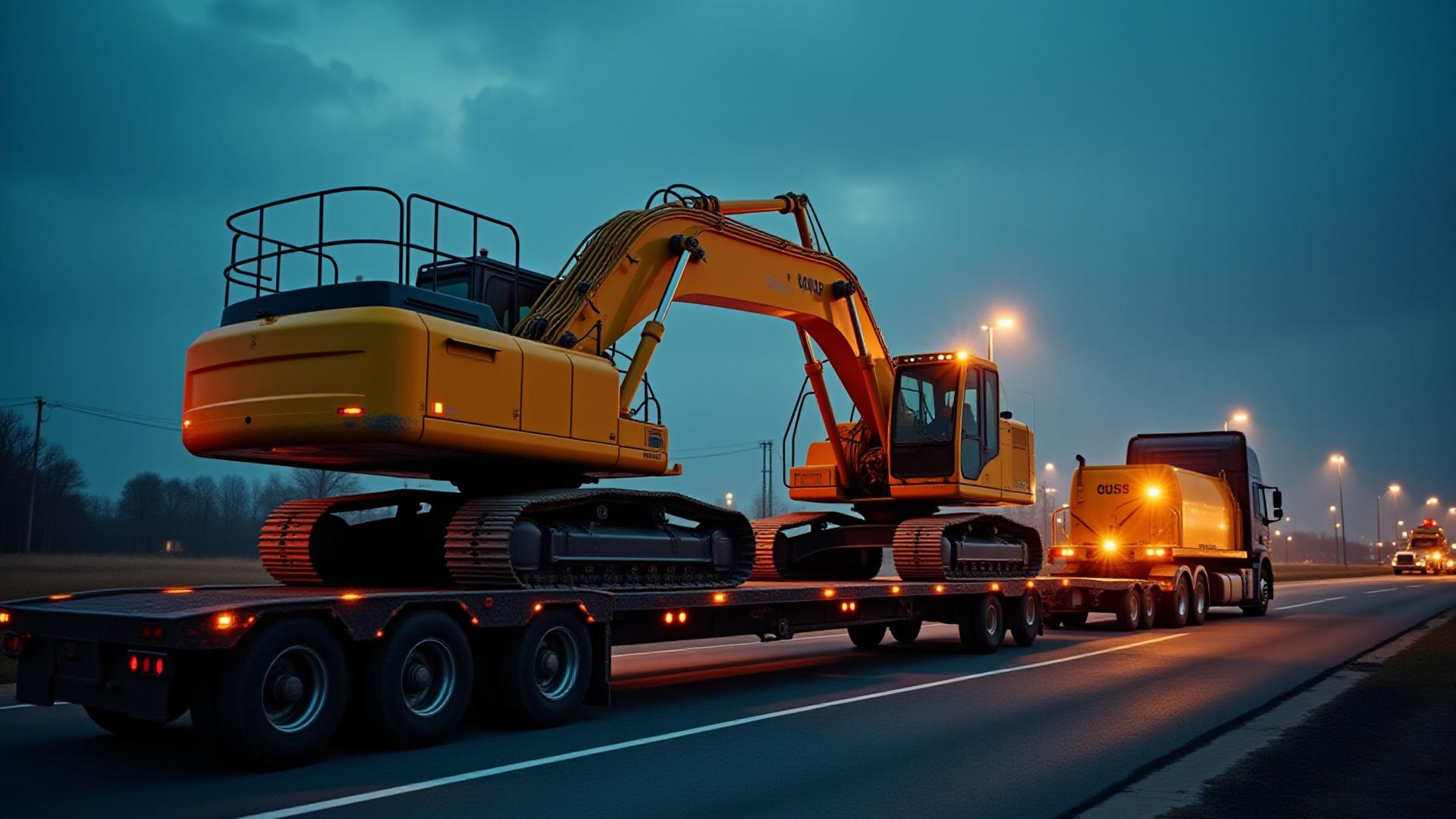Heavy construction loader being secured on a lowboy trailer in Syracuse