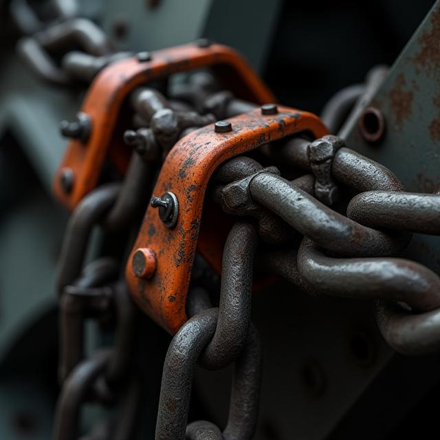 Close-up of heavy duty grade 80 chains and tensioning binders securing a heavy load