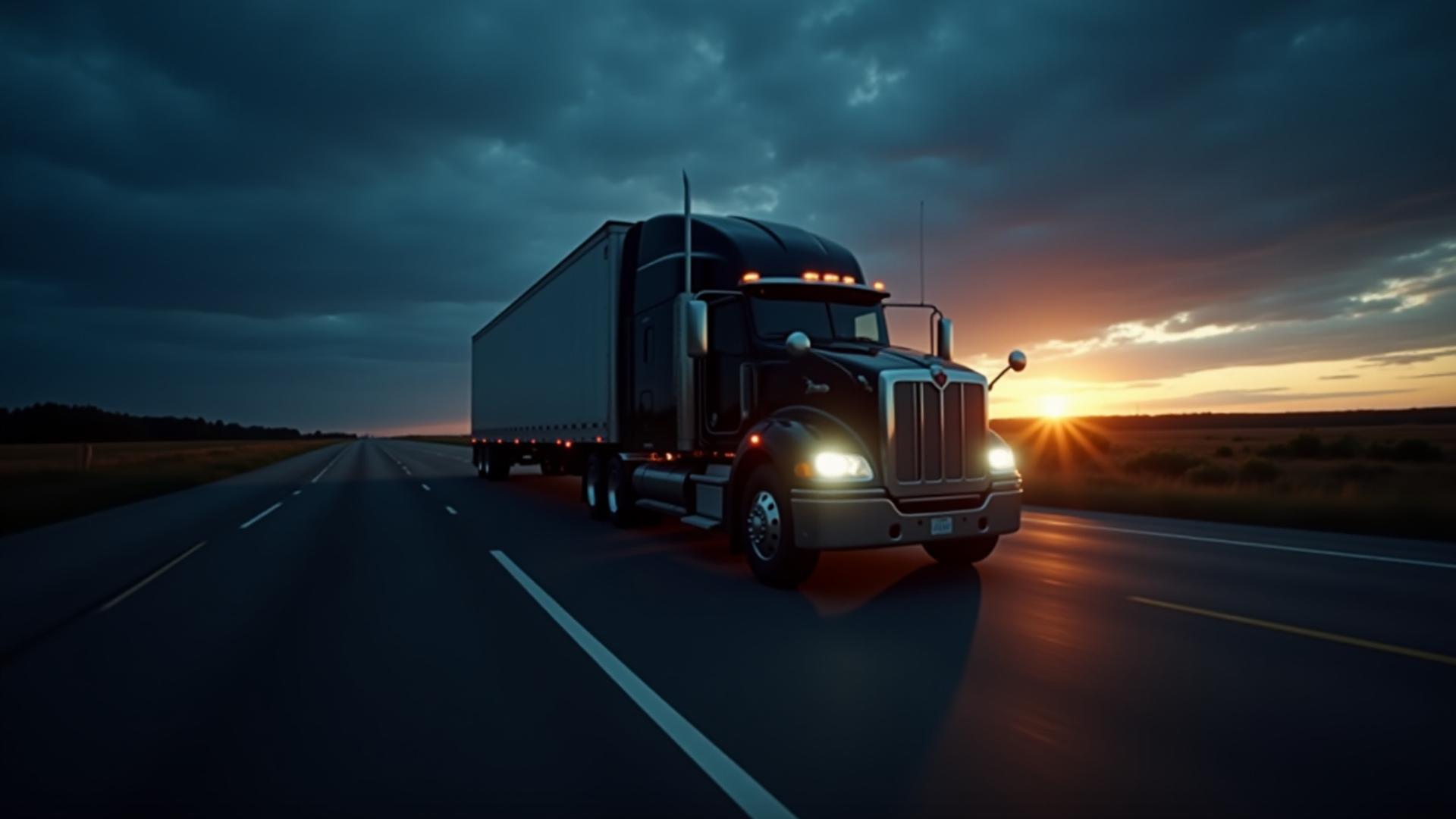 U First heavy-duty truck on the highway at dawn