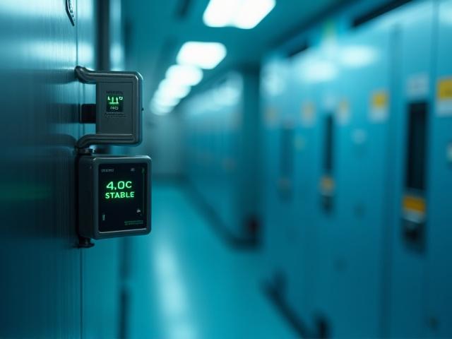 Close-up of a high-precision digital temperature monitoring device displaying real-time cooling data for a pharmaceutical shipment