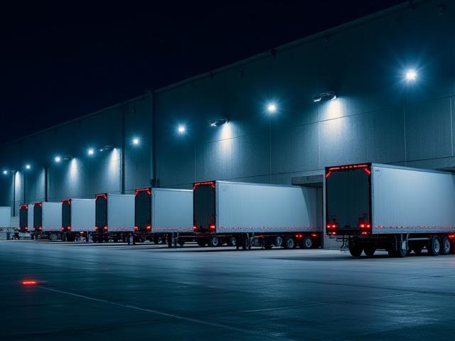Professional fleet of U First trucks lined up at a Syracuse shipping terminal
